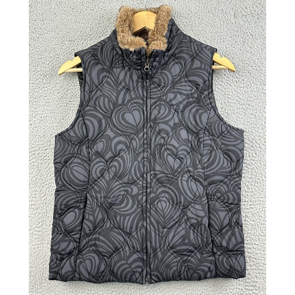 Eddie Bauer Down Vest Womens Medium Gray Geometric Quilted Zip Faux Fur Collar